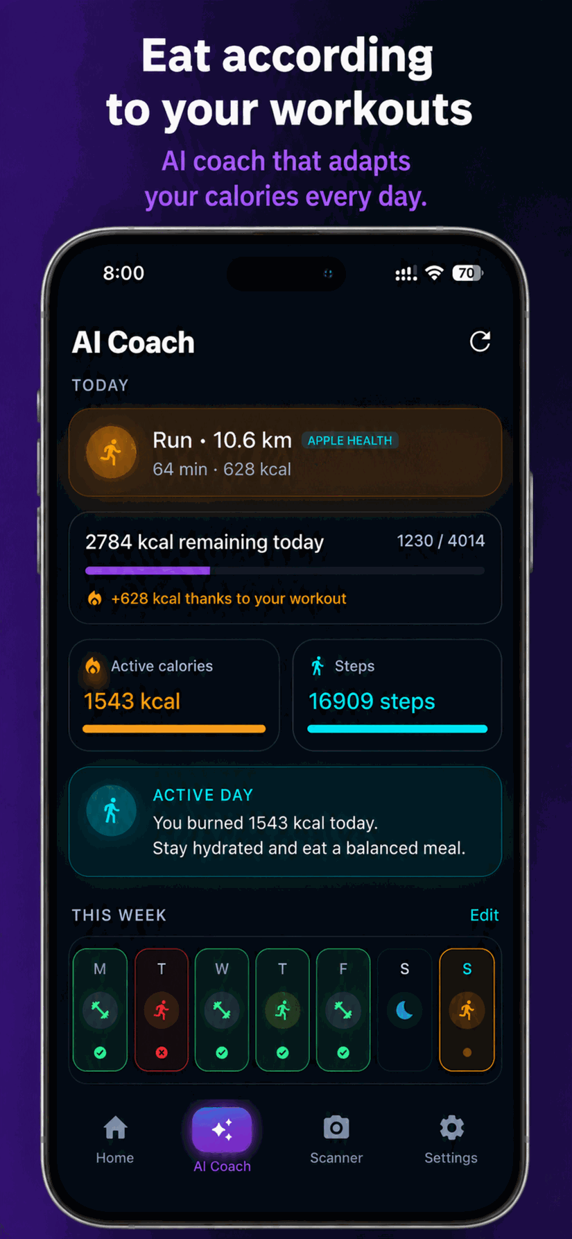 Vyka AI Coach daily view — eat according to your workouts with Apple Health sync